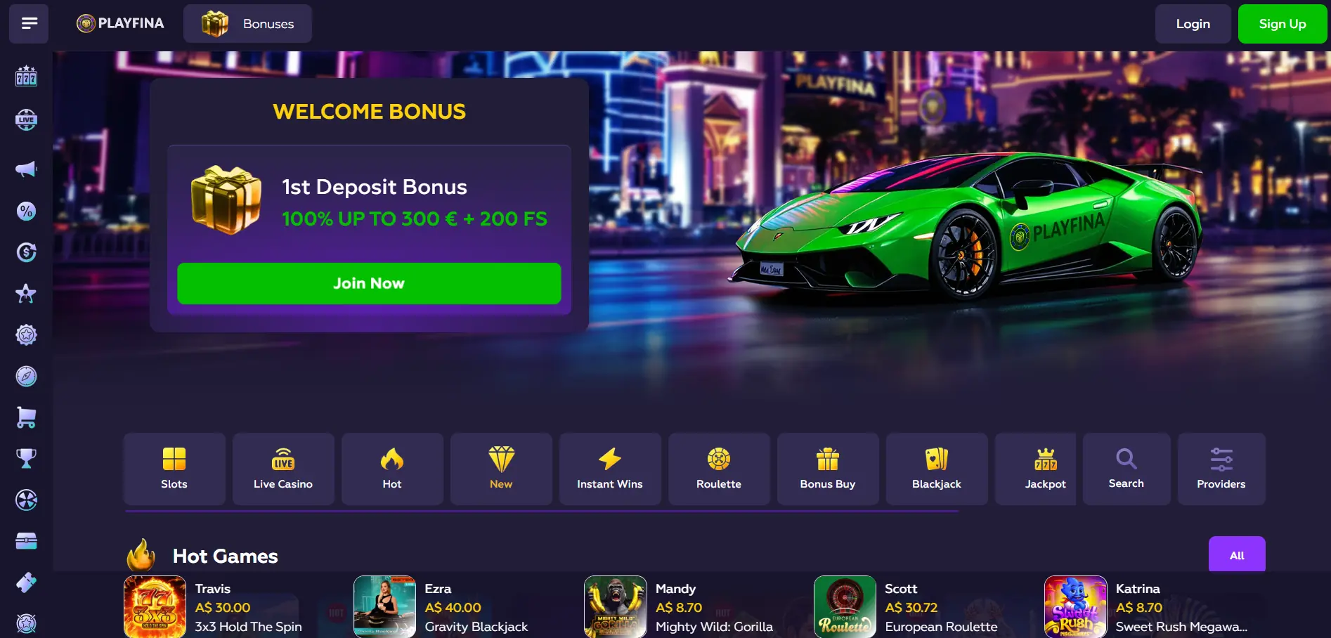 Playfina Casino-Menü